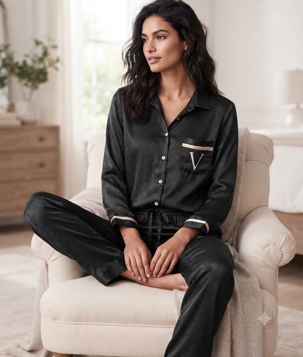 Victoria's Secret Signature Satin PJ Set Black Polka Dot Button Down Lounge Sz M